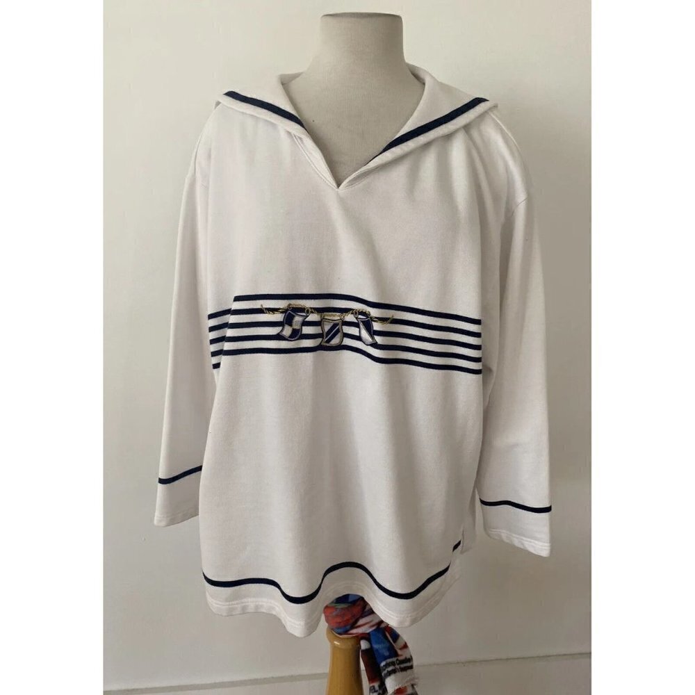 Needle & Threads Women's 3X Ivory/Navy Nautical Knit Top Long Sleeve